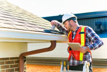 man with hard hat standing on steps inspecting house roof