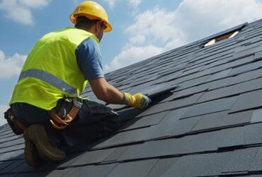 A construction worker installing roofing shingles on a residential home