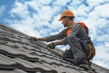 A roofer doing his work on a residential house.